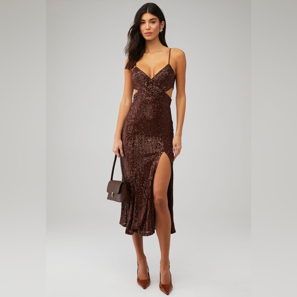 Saylor Harmonie sequin midi brown cocktail dress cutout adjustable strap slit M